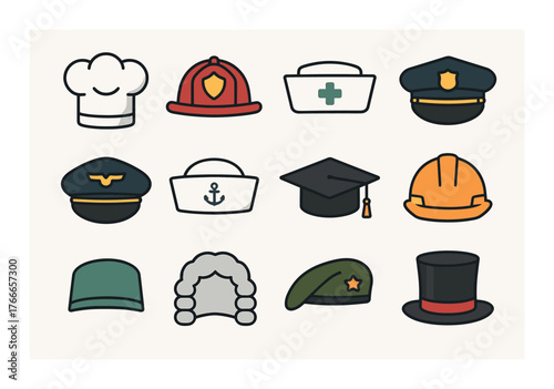 Collection of cartoon hats for various professions including police, chef, pilot, nurse, and judge