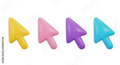 Realistic 3D rendered collection of colorful mouse cursor arrows. Four glossy pointers in different colors for web navigation and user interface elements