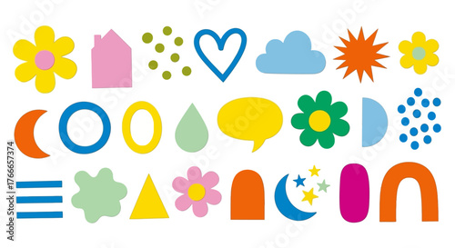 Vibrant collection of abstract geometric and organic shapes, perfect for modern graphic design projects, playful visual compositions, and engaging digital art creations