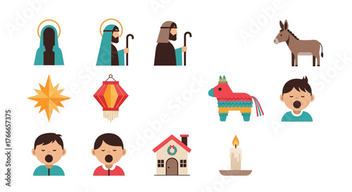Christmas icons feature Mary Joseph a donkey star lantern piñata house kids singing and a candle