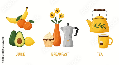 Collection of assorted fruits, delicious breakfast items, and warm beverages representing healthy living and daily refreshment