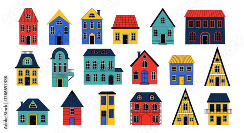 Diverse collection of colorful and stylized houses, perfect for architectural or real estate concepts