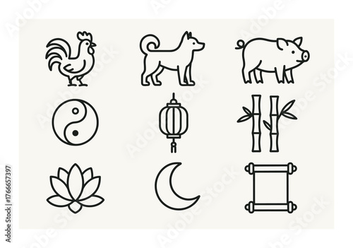 Collection of east asian symbols featuring animal and nature icons
