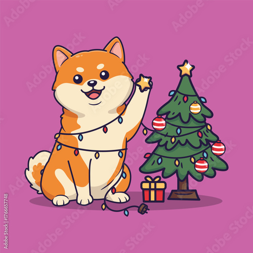 Cute Cartoon Shiba Inu Decorating Christmas Tree with Lights .  Vector Illustration of Whimsical Holiday Scene