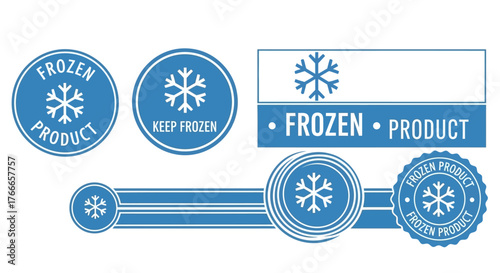 Set of blue round and rectangular labels with snowflake icons and text for frozen products