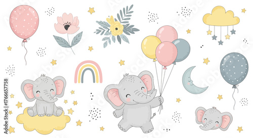 Adorable baby elephants with balloons, rainbows, clouds, moon, and stars, perfect for nursery decor, invitations, and baby shower designs
