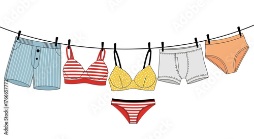 A colorful collection of men's and women's underwear, including bras, panties, and boxers, drying on a clothesline in a flat vector illustration style