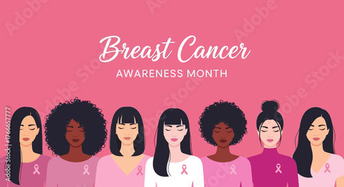 Diverse women unite in a powerful illustration to promote global health consciousness and solidarity for an important social cause, featuring symbolic pink ribbons