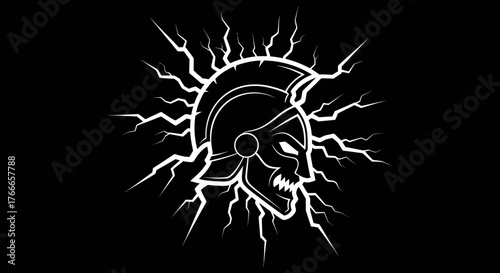 A stylized illustration of a Roman soldier's helmet with a skull face, surrounded by lightning bolts on a black background.