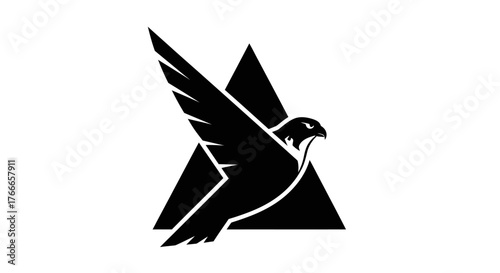 A black silhouette of a falcon in flight, with its wings spread wide, superimposed over a black triangle on a white background.