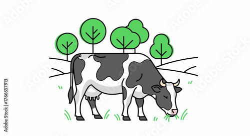 Cartoon Illustration of a Cow Grazing Under Trees in a Pastoral Scene