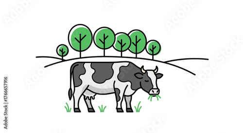 Minimalist line art illustration of a spotted dairy cow grazing on grass in a simple pastoral landscape with trees on a white background
