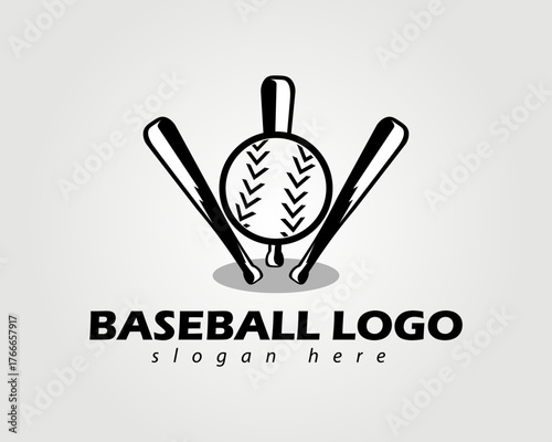 Baseball logo for a company business with a picture of three bats standing to prevent the ball from falling, to symbolize that the company business remains strong like the logo symbol.