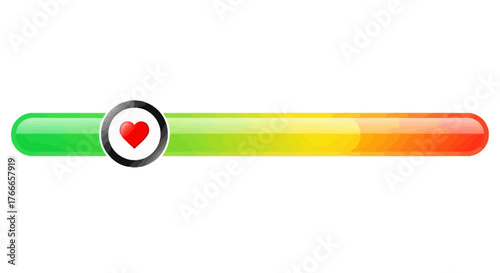 Vector illustration of a modern UI health status bar or love meter, featuring a heart icon slider on a colorful green to red gradient scale for digital displays