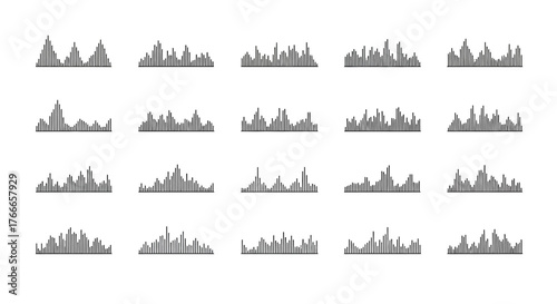 Dynamic sound wave patterns collection for audio visualization projects, representing fluctuating music frequencies and equalizer displays in a clean, adaptable vector format
