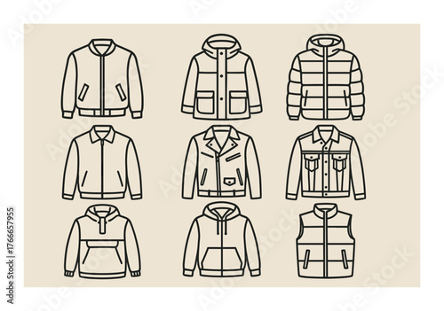 Outline illustrations of various jacket styles including hoodie and puffer jacket