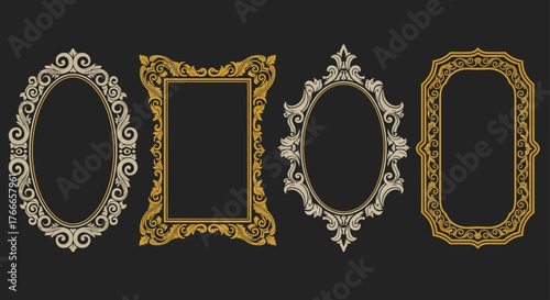 Ornate antique decorative frames set, featuring luxurious baroque and rococo designs. Perfect for vintage portraits, mirror borders, classic art, and sophisticated graphic design projects