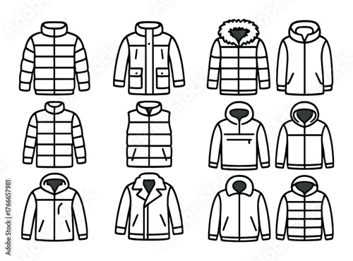 Collection of various jacket styles in line art on brown background