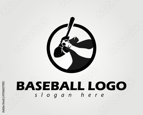 A simple baseball logo with a symbol of a professional swinging a baseball bat, with a circle around it, and a black and white color concept.