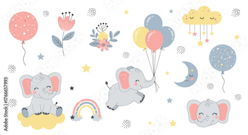 Charming collection of cute baby elephant illustrations with balloons, clouds, moon, and rainbow for kids' designs