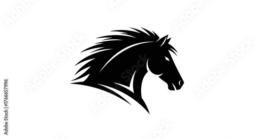 A striking black silhouette of a horse's head with a flowing mane against a white background.