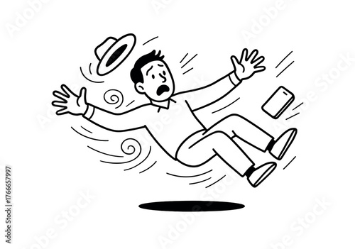 Cartoon man falling into void with hat and phone in black and white illustration