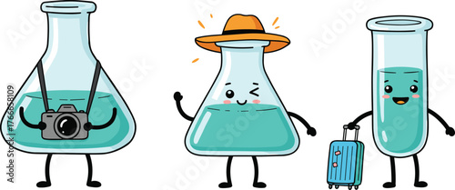 Cartoon laboratory flasks characters, funny science glassware with faces, travel vacation chemistry beakers, tourist scientist mascot, cute anthropomorphic bottles with suitcase