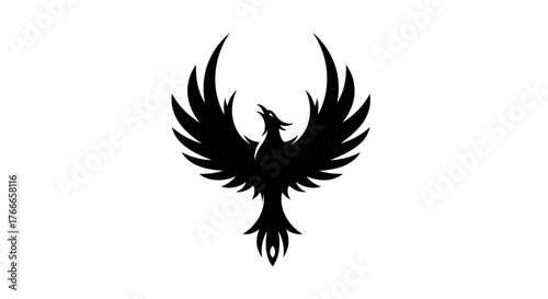 A striking black silhouette of a phoenix with its wings spread wide against a white background.