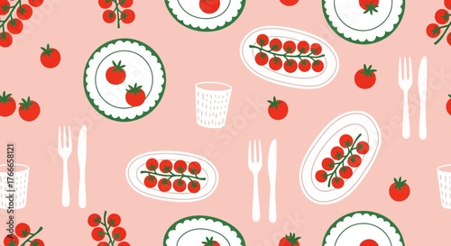 Cute Illustrated Tomato Pattern With Plates And Utensils On A Light Pink Background