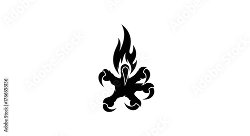 A black silhouette of a bird's claw with flames erupting from its center, set against a white background.