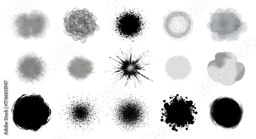 Dynamic assortment of abstract monochrome ink splatters, paint blobs, and watercolor textures, offering versatile graphic elements for creative design projects, artistic backgrounds,