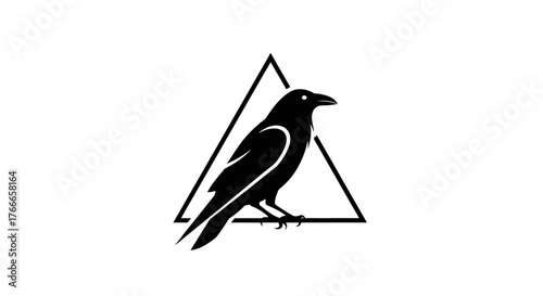 A black silhouette of a raven perched in front of an inverted triangle on a white background.