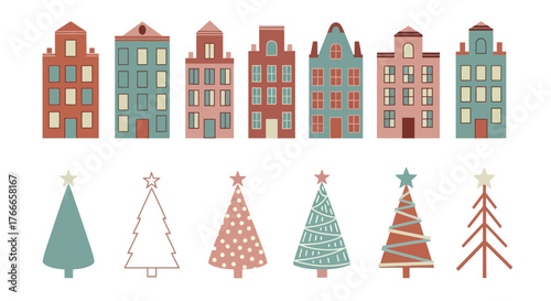 Set of festive Christmas illustrations with decorated holiday trees and colorful quaint town houses