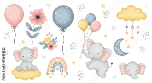 Charming collection of baby elephants enjoying a whimsical journey with balloons, rainbows, stars, and flowers, perfect for nursery decor and invitations