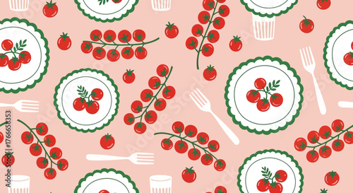 Vibrant and Fresh Seamless Pattern of Cartoon Cherry Tomatoes with Dinnerware on a Light Pink Background, Perfect for Kitchen Decor or Food-Themed Designs