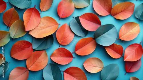 Colorful autumn leaves on a vibrant blue background