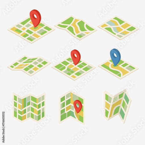 Isometric map and location symbols set. Mapping icon collection. Geolocation map path distance. GPS cartography position. Pinpoint, map search, route, navigator