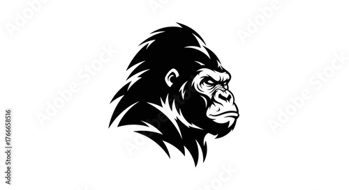 A striking black and white illustration of a gorilla's head in profile, showcasing its powerful features and intense gaze.