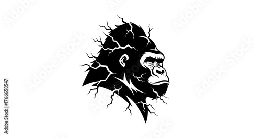 A striking black and white illustration of a gorilla's head with lightning-like cracks emanating from its silhouette.
