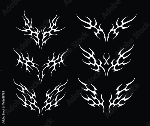 set pack Abstract gothic tribal flame sigil vector artwork with Y2K cyber aesthetic, liquid mercury metallic inspiration, tattoo-style elements, and futuristic illustration design.