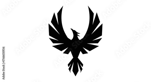 A stylized black phoenix silhouette with outstretched wings against a white background.