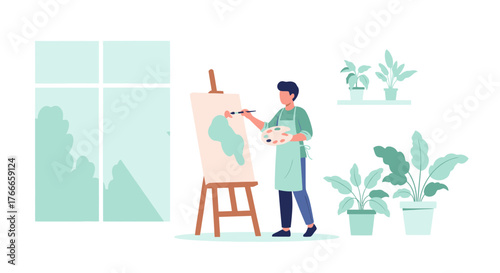 Illustration of an artist painting in a bright room with plants and natural light creating a