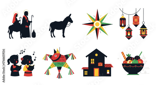 Holiday scenes of the nativity star lantern garland singing children piñata house and sweets bowl on a white backdrop