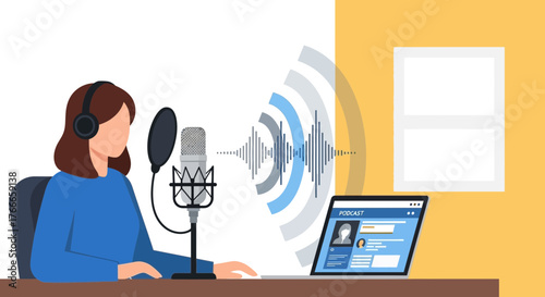 Illustration of a woman recording a podcast in a home studio with microphone and laptop