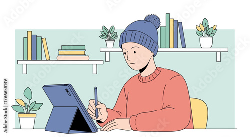Illustration of a young man with a beanie working on a tablet at his desk in a room