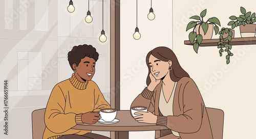 Illustration of diverse couple enjoying coffee together in a cozy cafe setting under soft lighting
