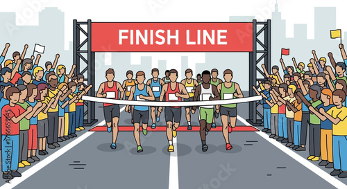 Illustration of Marathon Runners Crossing the Finish Line with Cheering Spectators in a Cityscape