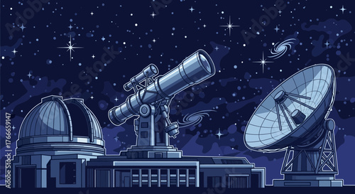 Illustration of astronomical observatory at night with telescope and satellite dish offering