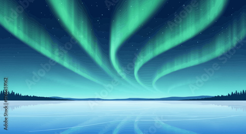 Illustration of the mesmerizing aurora borealis over a tranquil frozen landscape evoking a sense