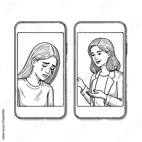 Sad woman crying on phone screen, another woman offering support, hand-drawn sketch, on white background, concept of online therapy, Online therapy session